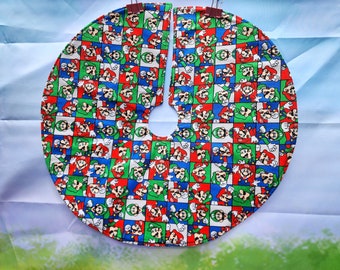 Handmade Mini 19" Christmas tree skirt  Reversible Mario Luigi Nintendo Super Mario Bros snowflakes