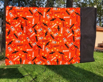 Handmade pillowcase pillow case standard size french trim detail hidden seams Flannel Orange Halloween bats pumpkins skulls candy corn BLACK