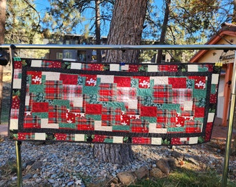 Handmade Quilted Table Runner Christmas patchwork plaid flowers houses trees snow reversible