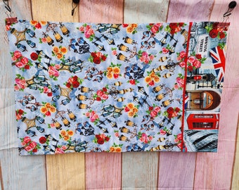 Handmade queen standard size Pillowcase  London red phone booth city Big Ben Double decker bus roses street lamps