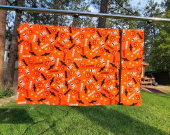 Handmade pillowcase pillow case standard size french trim detail hidden seams Flannel Orange Halloween bats pumpkins skulls candy corn BOO