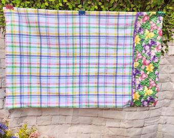 Handmade cotton   pillowcase pillow case standard size pillow Easter spring plaid iris flowers summer