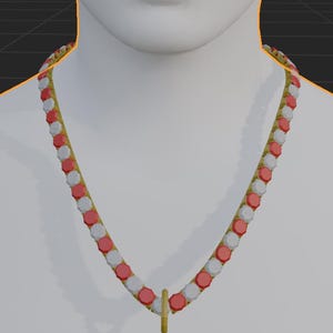 May include: A gold-colored necklace with alternating red and white gemstones. The necklace is draped around a white mannequin's neck, with a gold pendant hanging at the bottom. The background is a dark gray.
