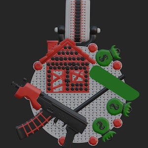 May include: A 3D rendering of a design featuring a red and black AK-47 style rifle, a red barn, green money bags, and a green rectangle. The design is set against a white circular background with a woven texture, and a black background.