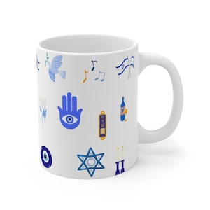Jewish Joy Inspiration Mug, 11oz Ceramic Cup, Blue Hamsa Design, Great for Passover, Hanukkah Gifts, Jewish Holidays Decor, Everyday Use