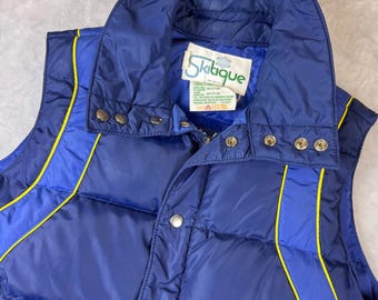 VTG Skitique 80% Down Puffer Vest Mens L Blue Yellow Zip Snap Front 70/80's Ski*