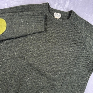 VTG LL Bean Shetland Wool Sweater Green Elbow Patches Mens M Ribbed 285201