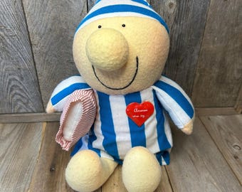 Vintage Sugusae Bedtime Boy Plush Doll Blue White Striped Nightcap Pillow Mexico