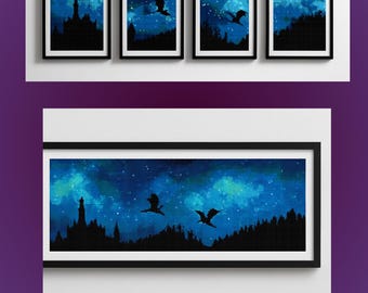 Dragons Over A Castle Cross Stitch PDF - Fantasy Art, Fairytale