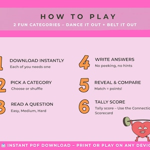 May include: A pink and white game guide with instructions on how to play. The text reads "HOW TO PLAY" and lists six steps with orange numbers. A cartoon heart lifts weights at the bottom. The game has two fun categories: "DANCE IT OUT" and "BELT IT OUT".