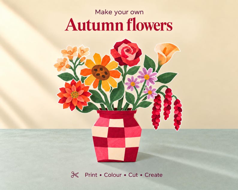 Vase Paper Pattern Printable Fall Paper Flowers, DIY Bouquet Craft, 4 Vases and Coloring ...