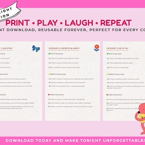 May include: A pink printable date night game with three categories: Our Story, Favorites & Habits, and Me vs You. The game includes questions and is designed for couples. The text reads "Print, Play, Laugh, Repeat".