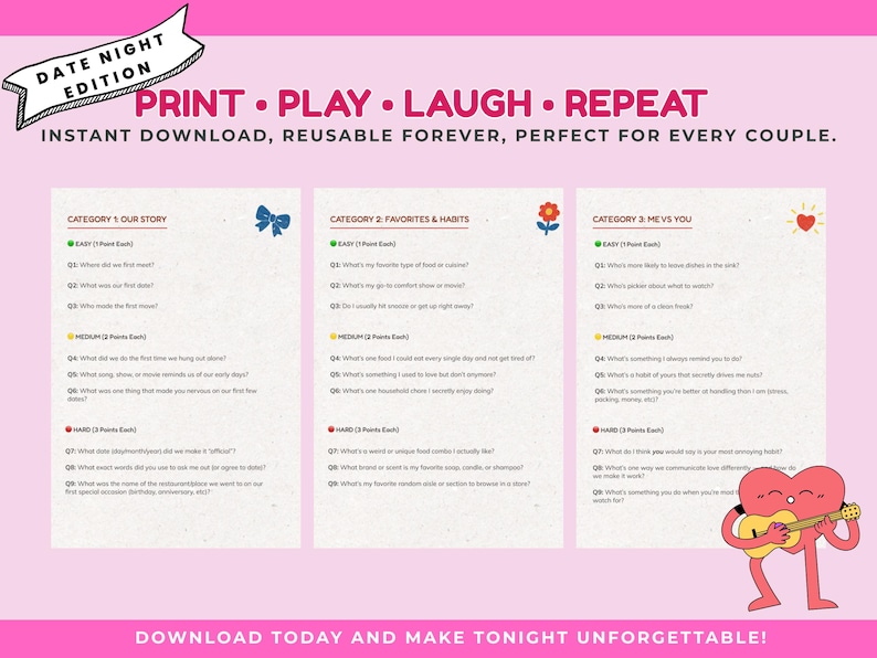 May include: A pink printable date night game with three categories: Our Story, Favorites & Habits, and Me vs You. The game includes questions and is designed for couples. The text reads "Print, Play, Laugh, Repeat".