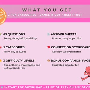 May include: A pink digital download game with the text "What You Get" and "Cut & Play! 5 Categories Included." Includes 45 questions, 5 categories, 3 difficulty levels, answer sheets, a connection scorecard, and a bonus companion page.