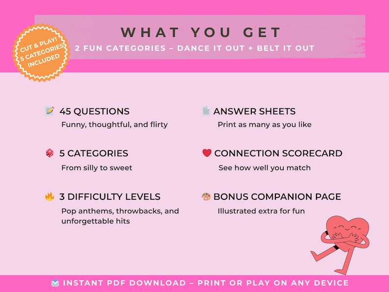 May include: A pink digital download game with the text "What You Get" and "Cut & Play! 5 Categories Included." Includes 45 questions, 5 categories, 3 difficulty levels, answer sheets, a connection scorecard, and a bonus companion page.