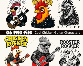 T-shirtontwerp punkrock-haan: edgy dierenkunst, kip gitaarkarakters