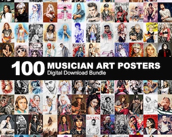 100 muziekpictogrammen kunstafdrukken | Rock, pop, hiphop (digitale download)