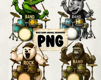 Rockband dierendrummers | 4 transparant png-bestand | Muziek dieren clipart