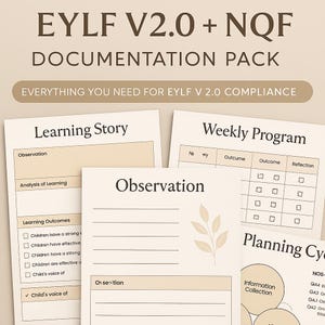 May include: A set of beige and white educational documentation sheets. Titles include "Learning Story," "Weekly Program," and "Planning Cycle." The text "EYLF V2.0 + NQF DOCUMENTATION PACK" is displayed at the top of the image.