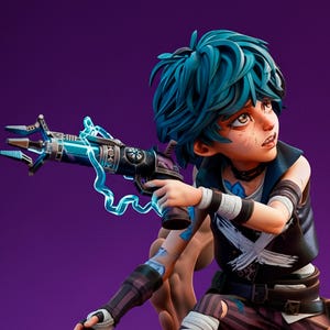 May include: A detailed figurine of a character with blue hair, holding a futuristic weapon with blue energy effects. The figure is dressed in a black vest, striped pants, and bandages. The base is a brown circular platform against a purple background.