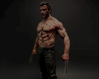 May include: A detailed figurine of a muscular, shirtless character with a stern expression, wearing dark pants and boots. The figure has metal claws extended from each hand and is standing on a wooden base. The figure has a necklace and appears to have blood on the chest.