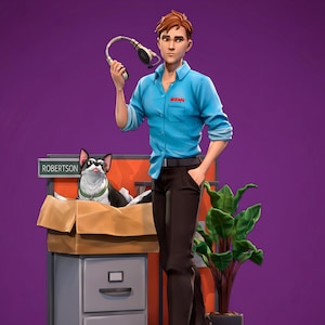 May include: A 3D-rendered figurine of a man in a blue shirt and brown pants holding headphones. A dog is in a cardboard box on a filing cabinet. A potted plant is to the right. The background is purple.