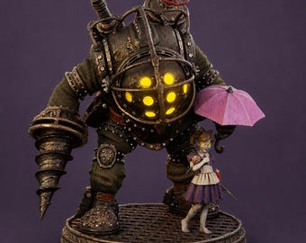 BioShock Big Daddy Little Sister Resin Figure | Fan Art Statue (11.9" Height)