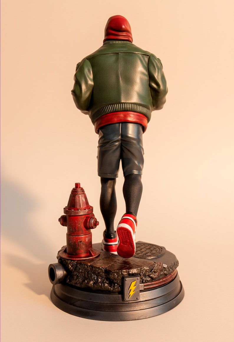 May include: A figurine of a character in a green jacket, red hood, and shorts, walking away. The figure is standing on a base with a red fire hydrant and a manhole cover. The figure's sneakers are red and white.