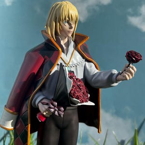 K&ouml;nnte beinhalten: Figur eines Charakters mit blonden Haaren, der einen rot-schwarz gemusterten Mantel tr&auml;gt und eine rote Rose und einen Strau&szlig; roter Rosen h&auml;lt. Die Figur tr&auml;gt ein wei&szlig;es Hemd und eine schwarze Hose, vor dem Hintergrund von Himmel und Gras.