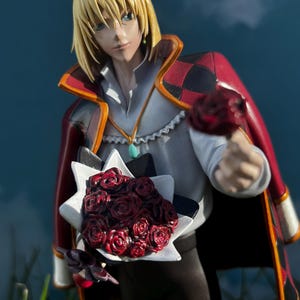 K&ouml;nnte beinhalten: Figur eines Charakters mit blonden Haaren, der einen roten und schwarzen Umhang tr&auml;gt und einen Strau&szlig; roter Rosen h&auml;lt. Die Figur ist vor einem blauen Himmelshintergrund mit gr&uuml;nem Gras im Vordergrund platziert.
