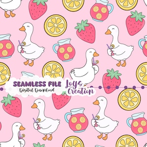 Könnte beinhalten: Nahtloses Muster mit weißen Gänsen, rosa Erdbeeren, gelben Zitronenscheiben und rosa Limonadenkrügen auf hellrosa Hintergrund. Der Text "SEAMLESS FILE Digital Download Joy's Creation" ist ebenfalls vorhanden.