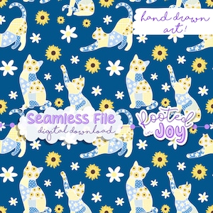 May include: A seamless pattern featuring patchwork cats with sunflower and star accents on a dark blue background. The image includes the text "hand drawn art!", "Seamless File digital download", and "Rooted in Joy".