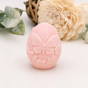 May include: A light pink egg-shaped object featuring a raised relief design of a butterfly centered on the front, surrounded by small floral and leaf motifs. The surface is smooth and matte, showcasing intricate details of the insect and flowers.