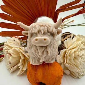 May include: A light-colored soap shaped like a Highland cow, with a fluffy mane and horns, sits atop a small orange pumpkin. The cow is surrounded by cream-colored flowers and dried orange leaves, creating a rustic, autumnal theme.