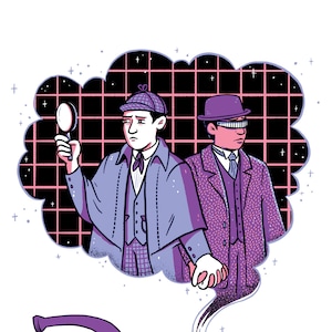 May include: A purple and pink illustration of two men in trench coats and fedoras standing in a cloud of smoke. The men are holding hands and looking at each other. A pink pipe with a purple stem is below the cloud of smoke.