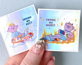 Unmotivational Sticker Set: Cherub VS Demon, Holographic Vinyl