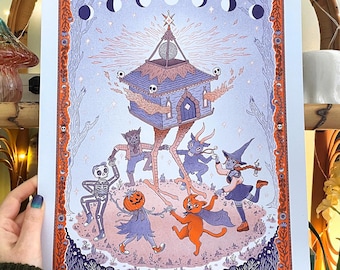 Yaga's House - Riso Print, Baba Yaga, Witches, Cats, Forest Dancers