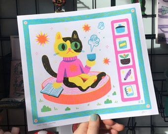 Cat's Day Off - Riso Print, Free Time Fantasy, Hobby Time, Risograph