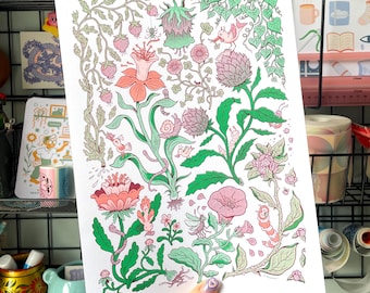 Bugs, Birds, Blooms - Risograph Art Print, Nature, Botanical