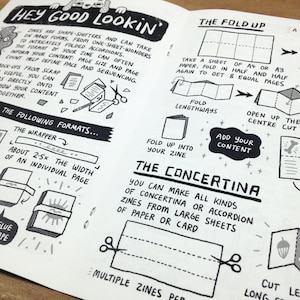 May include: A black and white illustrated guide to making zines, featuring different folding techniques, including the "wrapper", "fold up", and "concertina" methods. The text includes instructions on how to fold paper and add content to create unique zines.