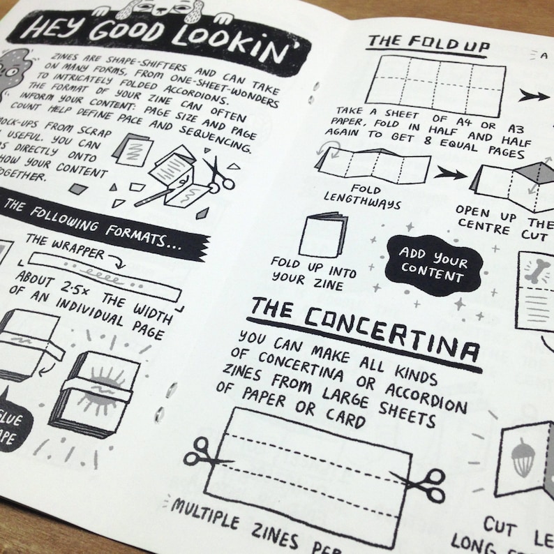 May include: A black and white illustrated guide to making zines, featuring different folding techniques, including the "wrapper", "fold up", and "concertina" methods. The text includes instructions on how to fold paper and add content to create unique zines.