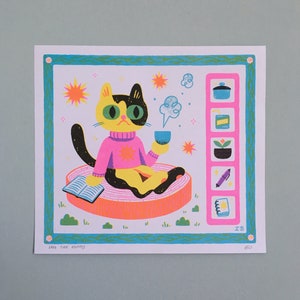 Cat's Day Off Riso Print, Free Time Fantasy, Hobby Time, Risograph image 7