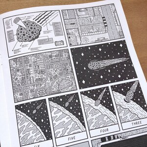 May include: A black and white comic book page with a series of panels depicting a comet falling from space towards a planet. The panels are numbered from three to six. The text "00:29" appears in one of the panels.