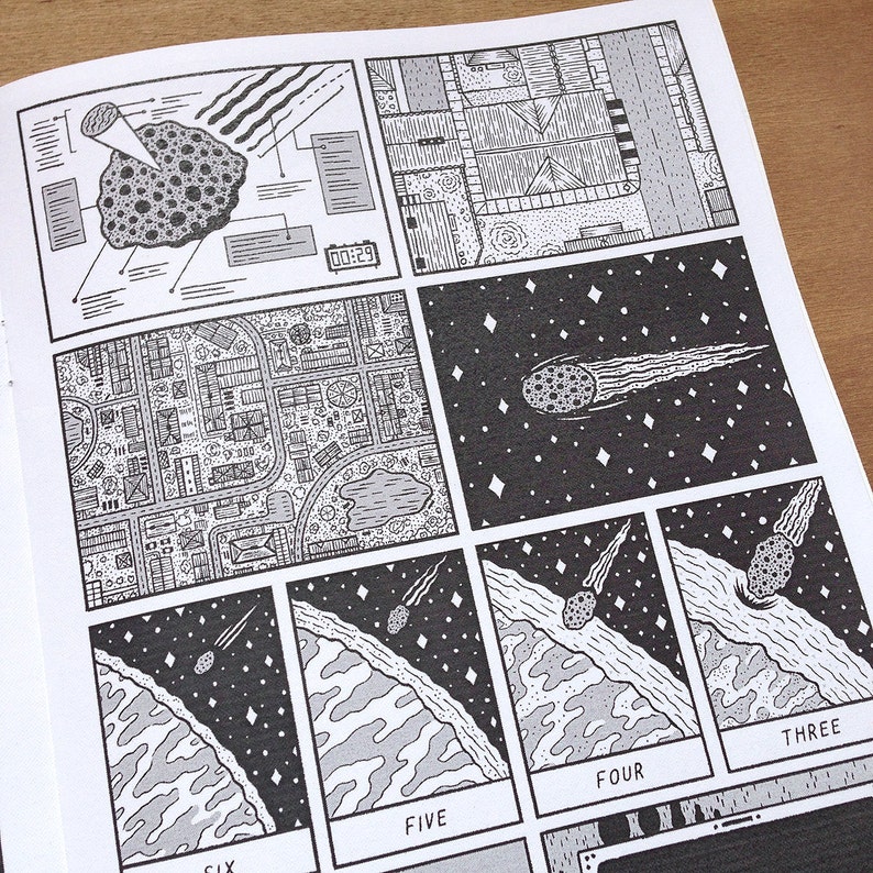 May include: A black and white comic book page with a series of panels depicting a comet falling from space towards a planet. The panels are numbered from three to six. The text "00:29" appears in one of the panels.