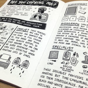 May include: A page from a book about different printing methods. The page features illustrations of a screen printing process, a risograph, an inkjet printer, and a lino printing process. The text on the page reads "Are you copying me?" and "Inkjet, Risograph, Screenprint, Specialist".