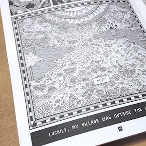 May include: A black and white illustration of a map with a village labeled "Home". The text "LUCKILY, MY VILLAGE WAS OUTSIDE THE L" is visible at the bottom of the image.