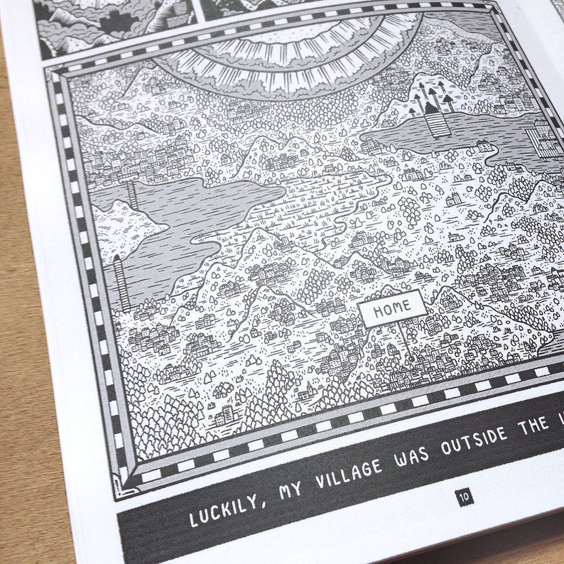 May include: A black and white illustration of a map with a village labeled "Home". The text "LUCKILY, MY VILLAGE WAS OUTSIDE THE L" is visible at the bottom of the image.