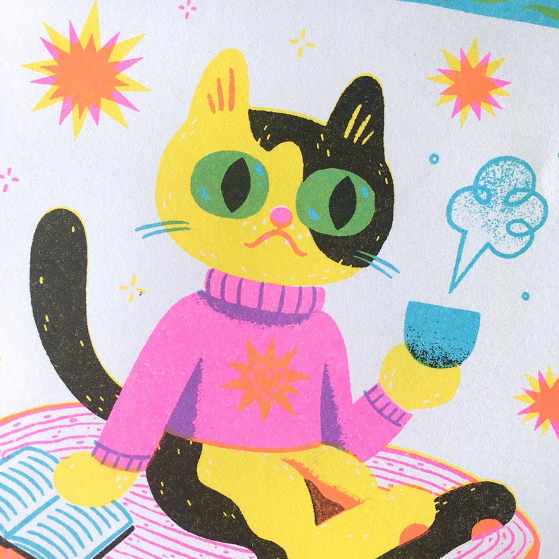 Cat's Day Off Riso Print, Free Time Fantasy, Hobby Time, Risograph image 6