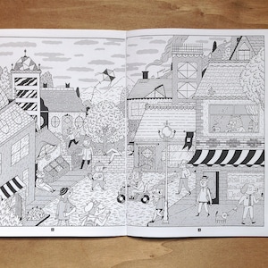 May include: A black and white illustration of a neighborhood with houses, trees, and people walking. The illustration is drawn in a cartoon style and features a variety of details, such as a kite flying in the sky, a street lamp, and a store with a striped awning.