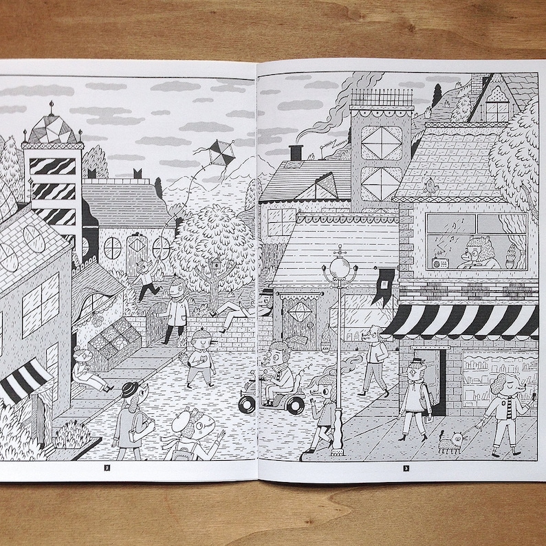 May include: A black and white illustration of a neighborhood with houses, trees, and people walking. The illustration is drawn in a cartoon style and features a variety of details, such as a kite flying in the sky, a street lamp, and a store with a striped awning.